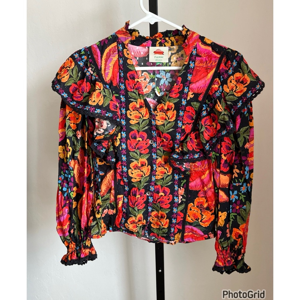Farm Rio Black Spring Banana Colorful Ruffled Blouse Top NEW - Picture 2 of 3
